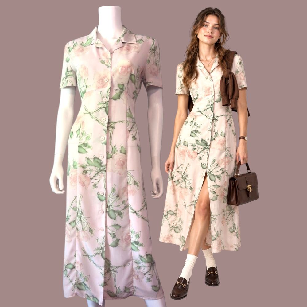 Norton McNaughton Floral Shirt Dress Size 8P Midi Short Sleeve Romantic Fairy